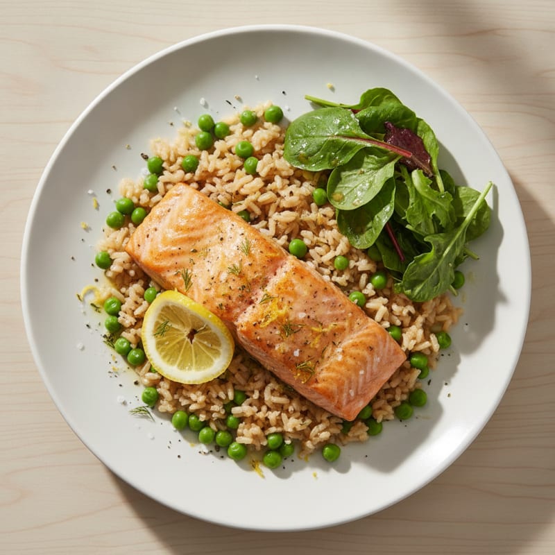 Baked Salmon with Lemon-Herb Rice and Peas