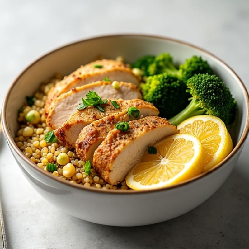 Lemon-Garlic Quinoa Bowl with Roasted Chicken and Crispy Broccoli