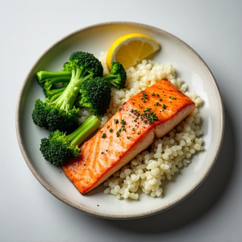 Seared Salmon with Steamed Broccoli and Cauliflower Rice
