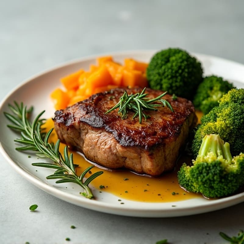 Herb-Roasted Goat with Yam and Garlic Broccoli