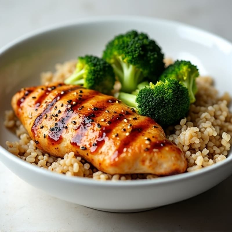 Grilled Chicken and Brown Rice Bowl with Roasted Broccoli and Sesame Soy Glaze