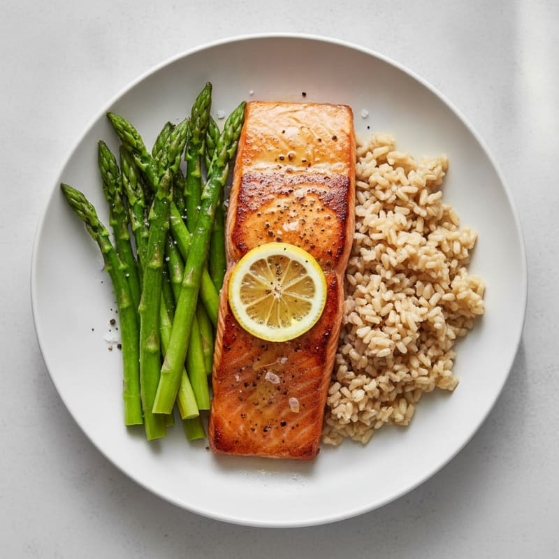 Seared Salmon Fillet with Steamed Asparagus and Brown Rice