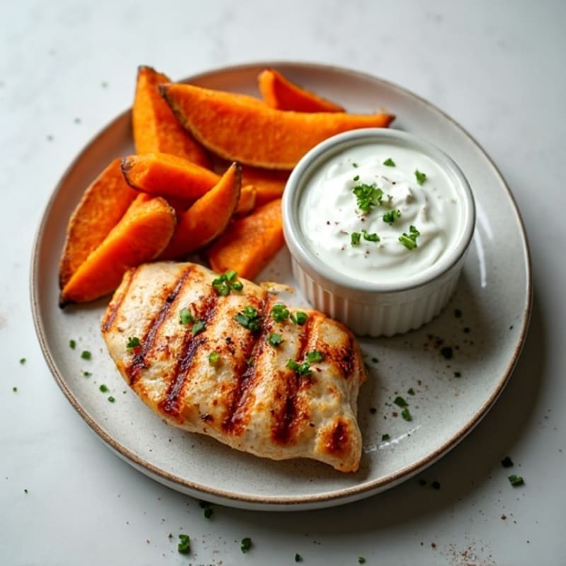 Crispy Baked Sweet Potato Wedges with Grilled Chicken and Herbed Greek Yogurt Dip