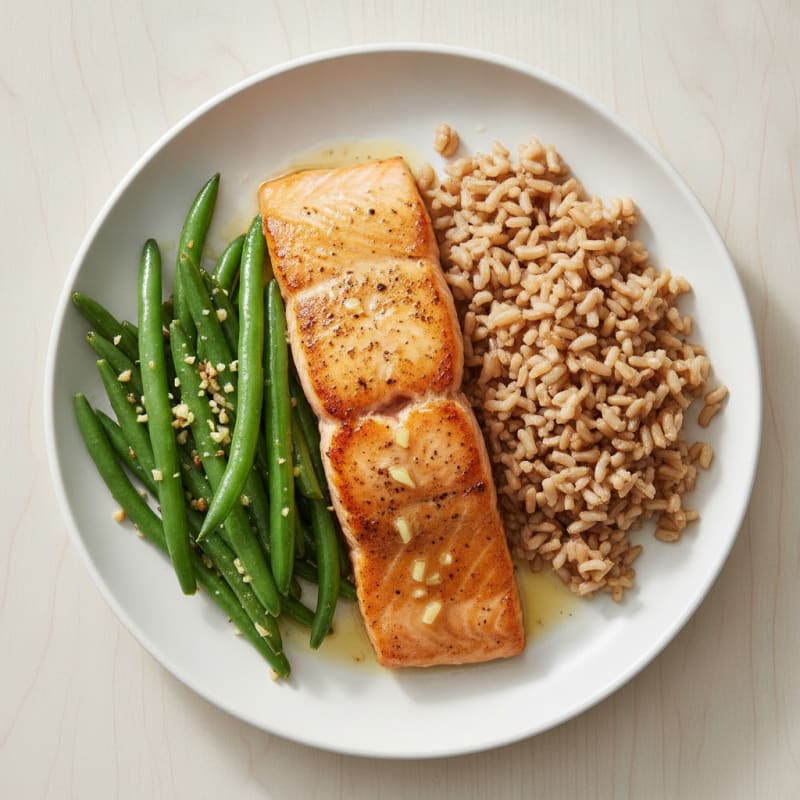 Seared Salmon with Garlic Green Beans and Brown Rice