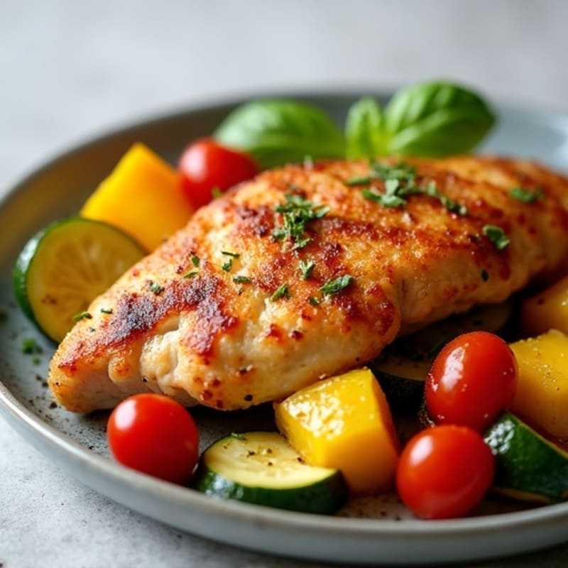 Crispy Pan-Seared Chicken with Savory Braised Summer Vegetables