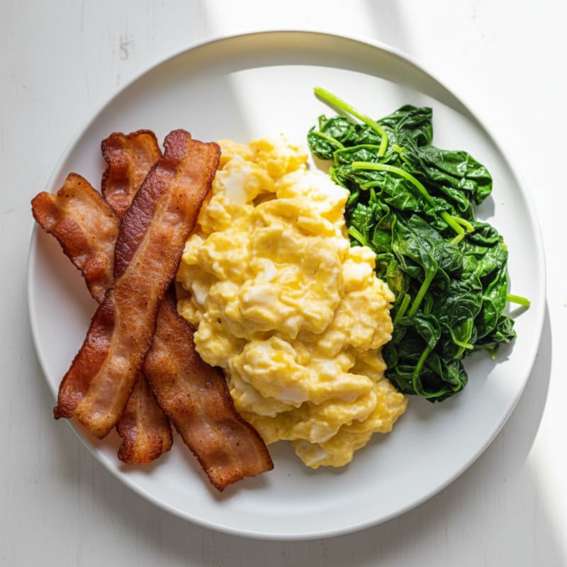 Creamy Scrambled Eggs with Turkey Bacon and Sautéed Spinach