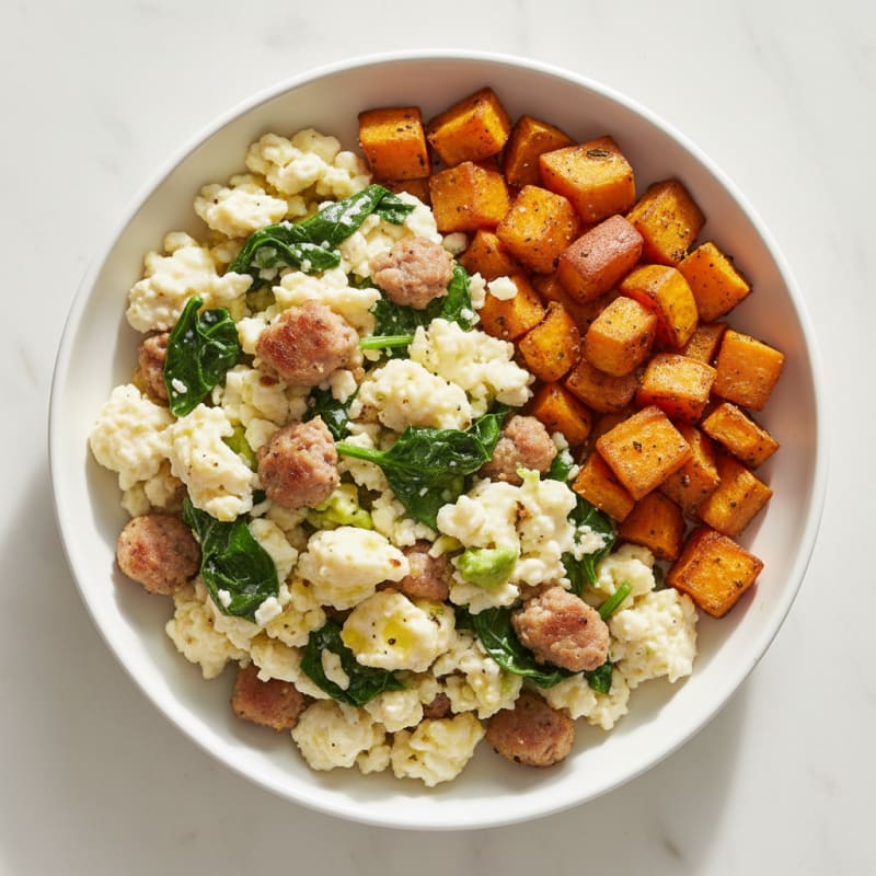 Egg White and Turkey Sausage Scramble with Spinach and Roasted Sweet Potato