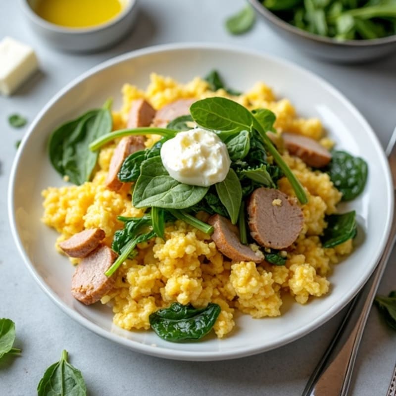 Creamy Cottage Cheese Scramble with Smoked Turkey and Spinach