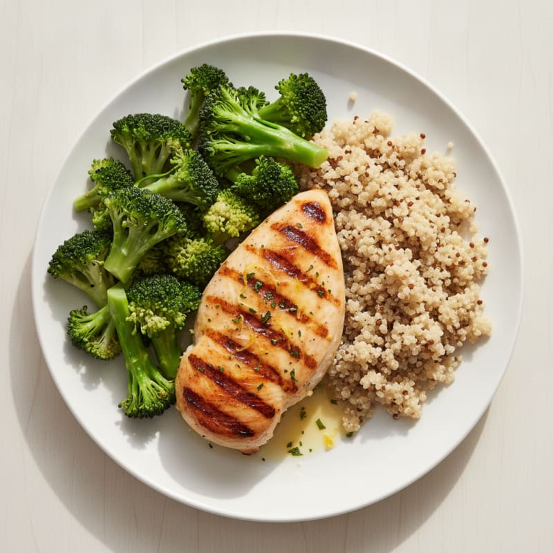Grilled Chicken Breast with Steamed Broccoli and Quinoa