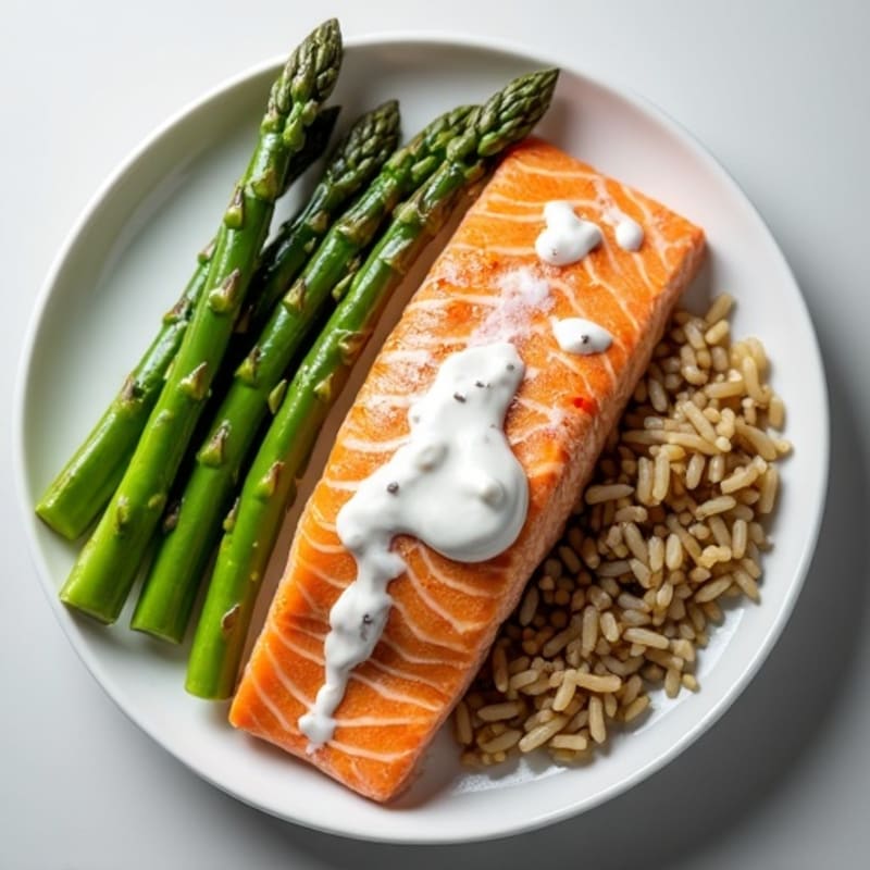 Seared Salmon Fillet with Steamed Asparagus, Brown Rice & Tangy Greek Yogurt Sauce