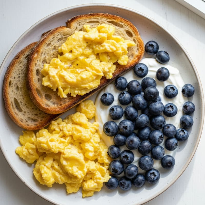 Egg and Sourdough Toast with Blueberries and Greek Yogurt