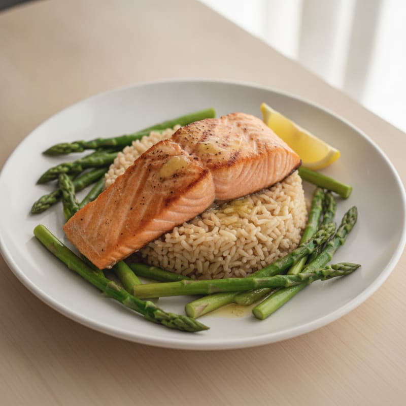 Seared Salmon Fillet with Steamed Asparagus and Brown Rice