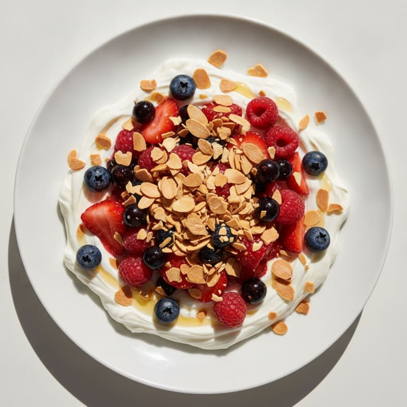 Creamy Vanilla Protein Yogurt with Mixed Berries and Almond Crunch