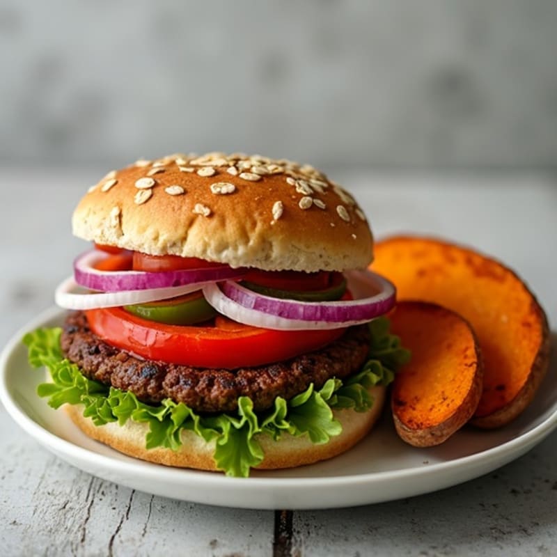 Crispy Black Bean Burgers with Roasted Sweet Potato Wedges