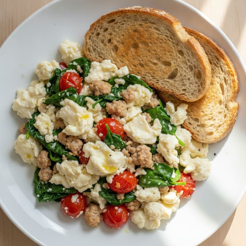 Egg White and Turkey Sausage Scramble with Spinach and Tomatoes