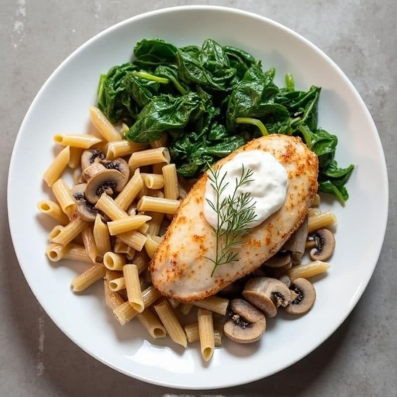 Creamy Truffle Mushroom Chicken with Whole Wheat Penne and Sautéed Greens