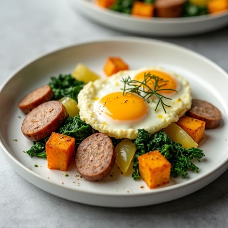 Egg White and Turkey Sausage Scramble with Spinach and Roasted Sweet Potato