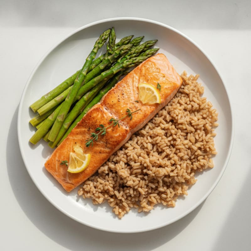 Seared Salmon with Steamed Asparagus and Brown Rice