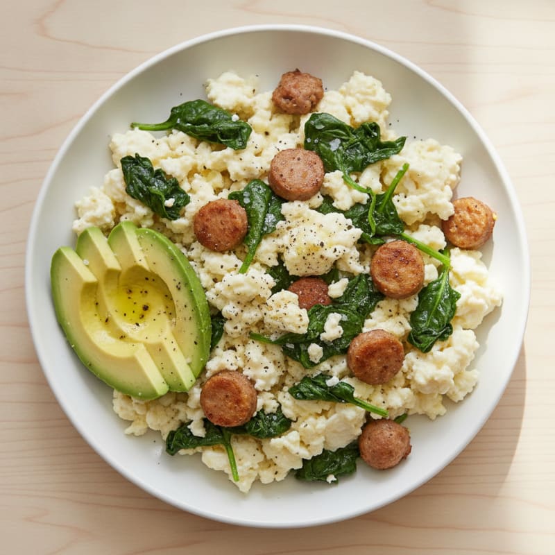 Egg White Scramble with Turkey Sausage and Sautéed Spinach