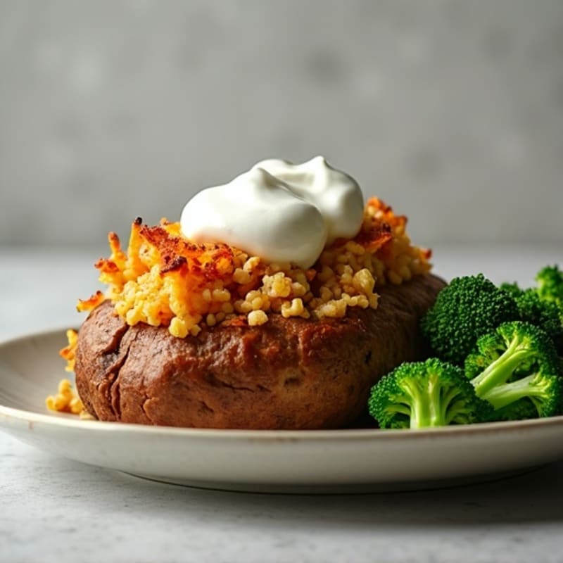 Crispy Baked Potato with Lean Ground Turkey, Steamed Broccoli, and Creamy Greek Yogurt