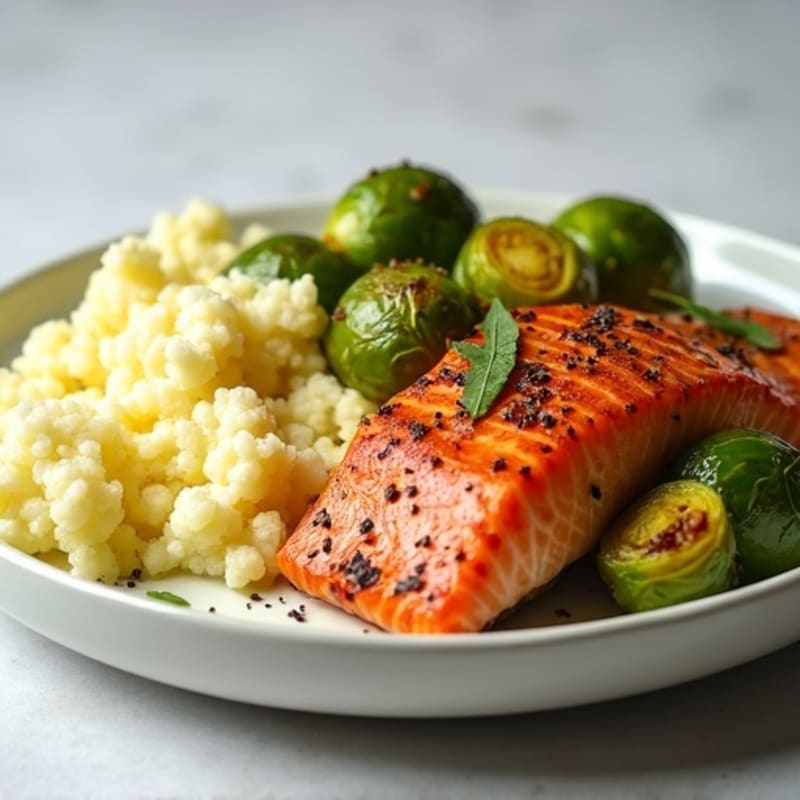 Seared Salmon with Roasted Brussels Sprouts and Garlic Mashed Cauliflower