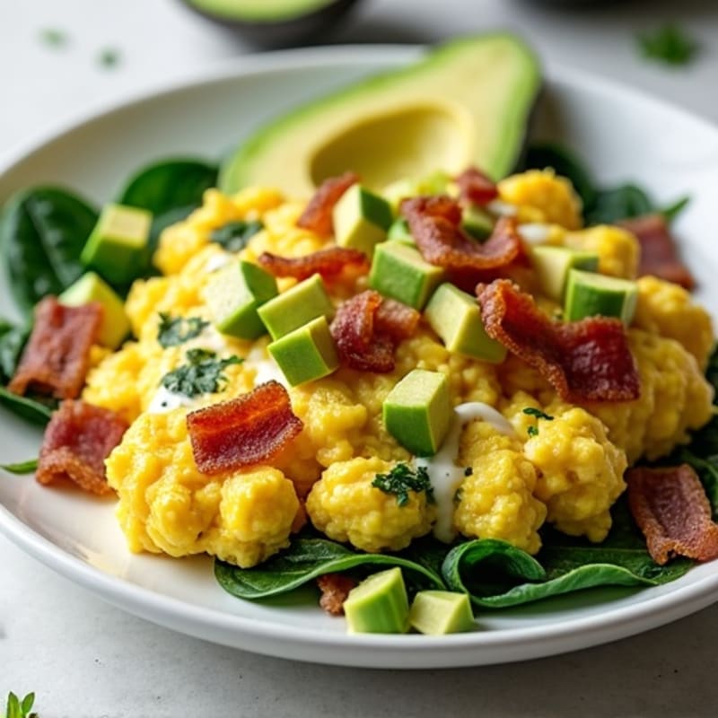 Cottage Cheese Egg White Scramble with Spinach and Turkey Bacon