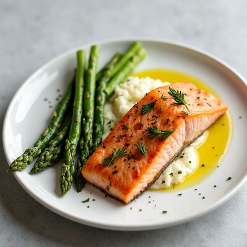 Seared Salmon Fillet with Roasted Asparagus and Cauliflower Mash