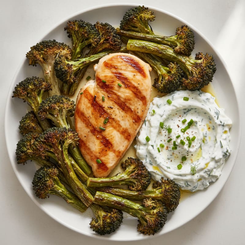 Grilled Chicken Breast with Roasted Broccoli and Quark Herb Dip