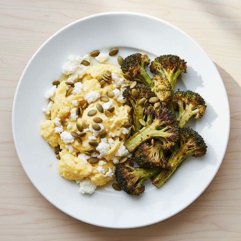 Cottage Cheese Egg Scramble with Roasted Broccoli and Pumpkin Seeds