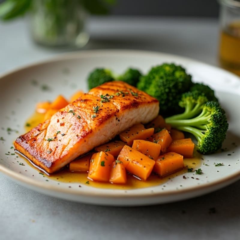 Seared Salmon Fillet with Roasted Sweet Potato and Steamed Broccoli