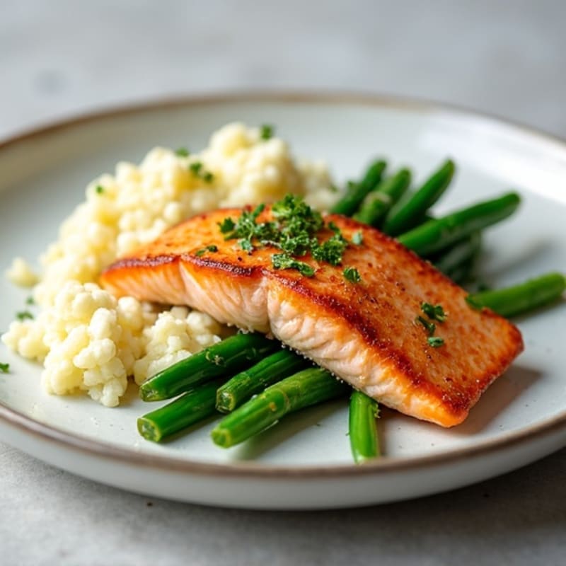 Seared Salmon Fillet with Steamed Green Beans and Garlic Mashed Cauliflower