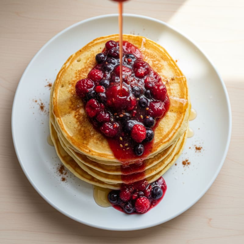 High-Protein Fluffy Buttermilk-Style Pancakes with Berry Compote