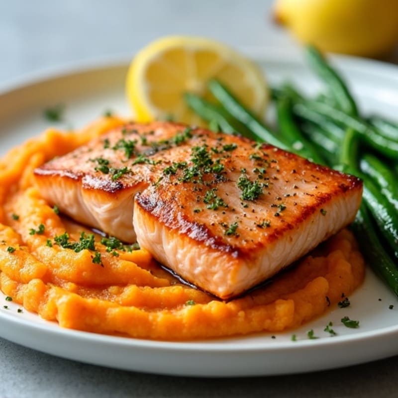 Seared Salmon with Garlic Green Beans and Sweet Potato Mash
