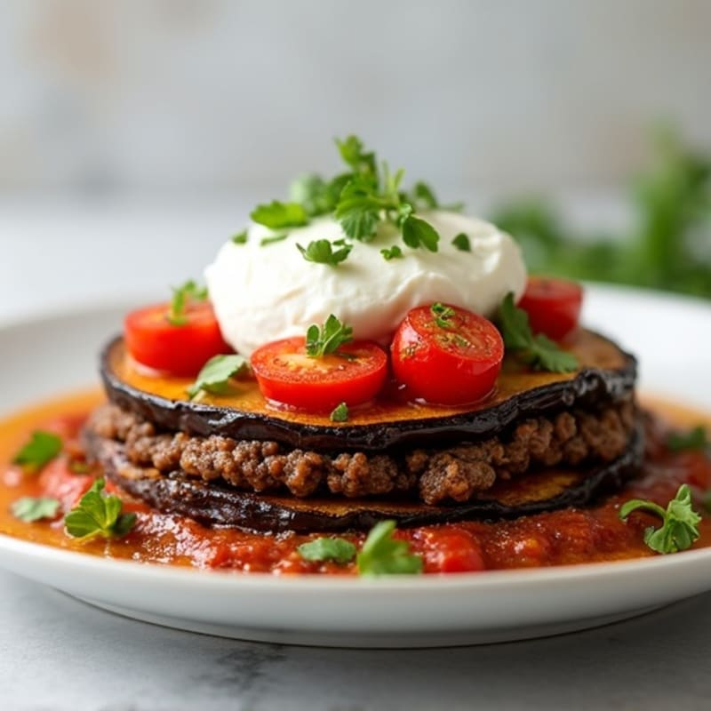 Lean Ground Beef and Roasted Eggplant Layers with Creamy Protein Topping