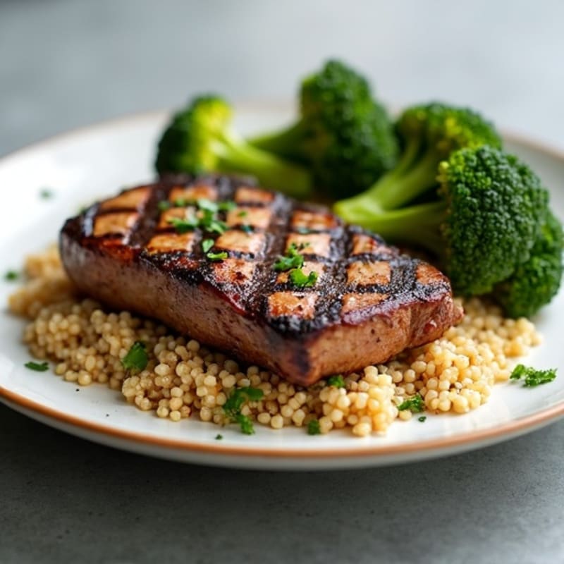 Grilled Beef Steak with Roasted Broccoli and Quinoa