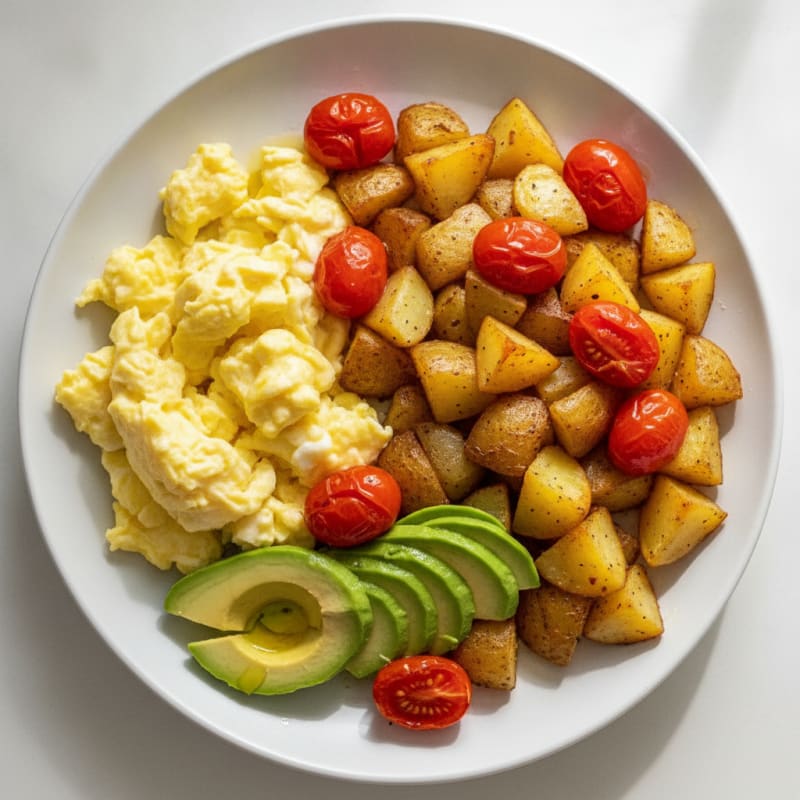 Scrambled Eggs with Roasted Potatoes and Avocado Slices