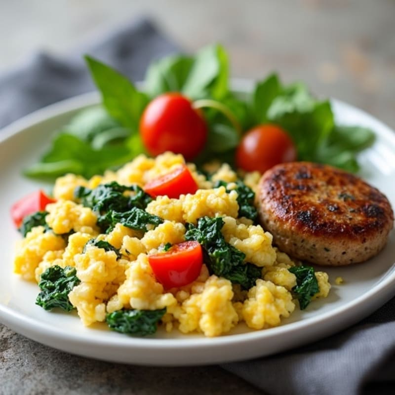 Egg White and Turkey Sausage Scramble with Sautéed Spinach