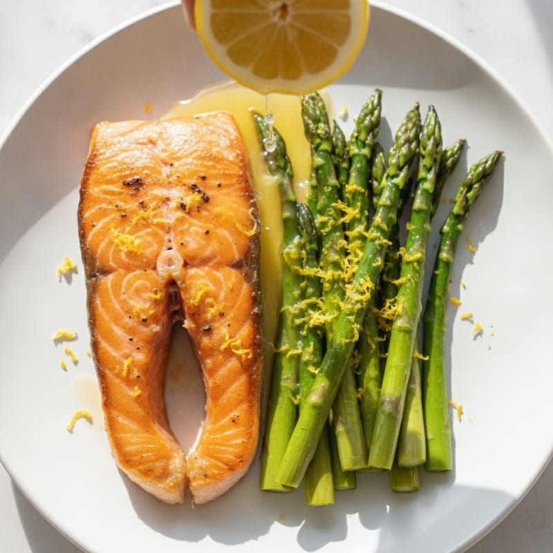 Seared Salmon Fillet with Roasted Asparagus and Lemon Zest