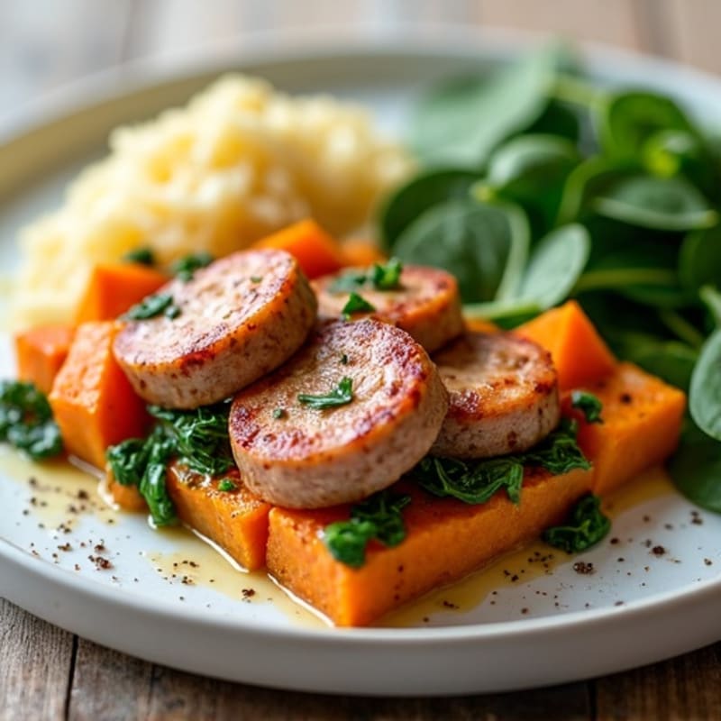 Baked Chicken Sausage and Sweet Potato Casserole with Spinach