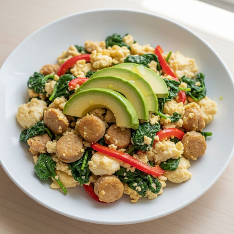 Egg White Scramble with Turkey Sausage and Sautéed Spinach