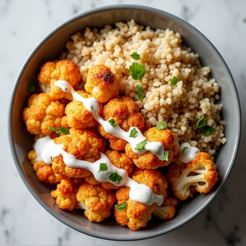 Crispy Buffalo Roasted Cauliflower Quinoa Bowl with Creamy Ranch