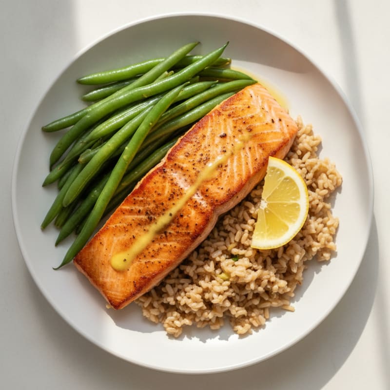 Seared Salmon with Steamed Green Beans and Brown Rice