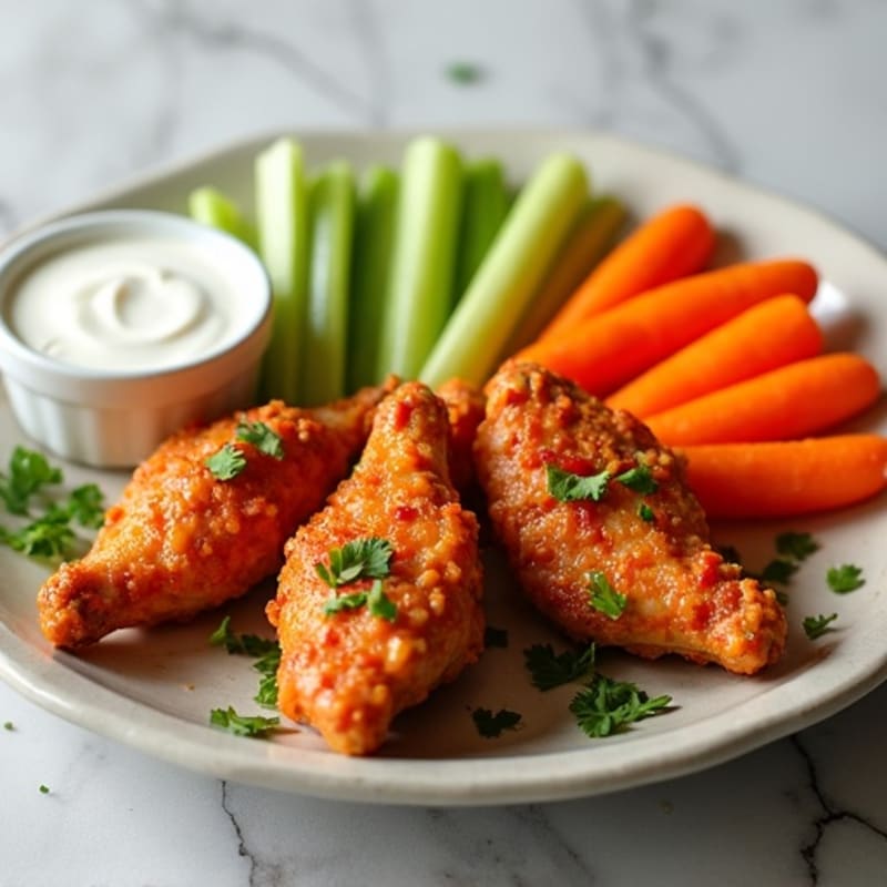 Crispy Baked Buffalo Chicken Wings with Fresh Veggies and Creamy Ranch Dip