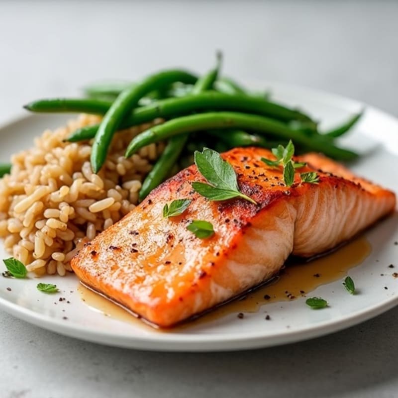 Seared Salmon Fillet with Steamed Green Beans and Brown Rice