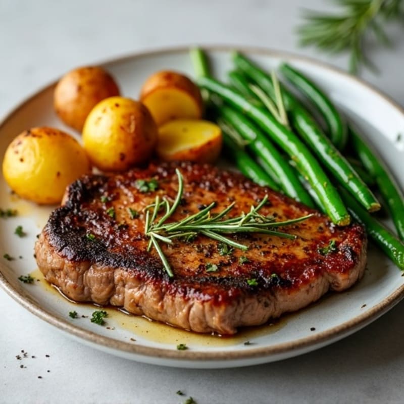 Garlic Herb Pan-Seared Steak with Roasted Potatoes and Green Beans