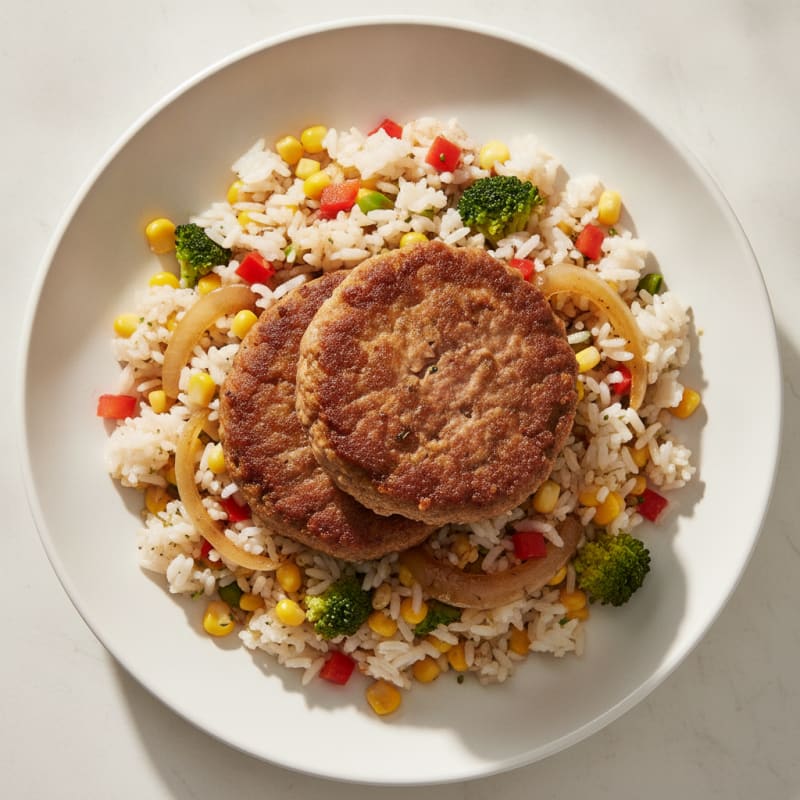 Crispy Beef Burger with Corn and Onion Rice Pilaf