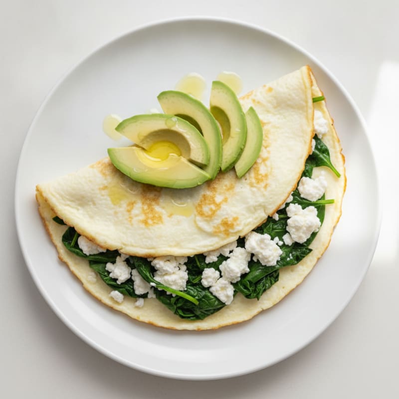 Egg White and Spinach Omelet with Cottage Cheese and Sliced Avocado