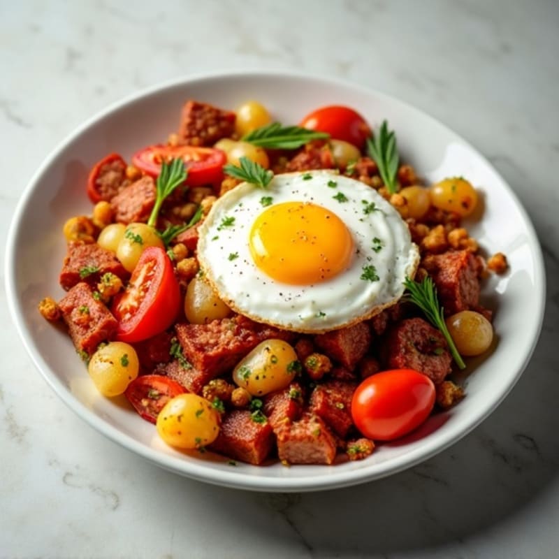Crispy Potato and Chorizo Hash with Baked Eggs, Fresh Tomatoes, and Creamy Yogurt