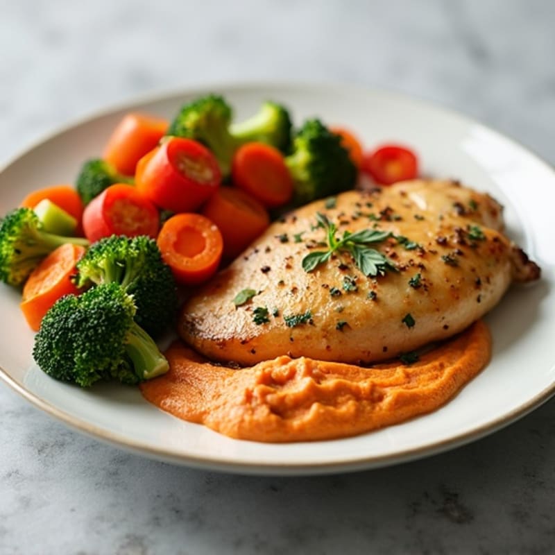 Herb-Roasted Chicken and Crispy Roasted Vegetables with Creamy Roasted Red Pepper Hummus
