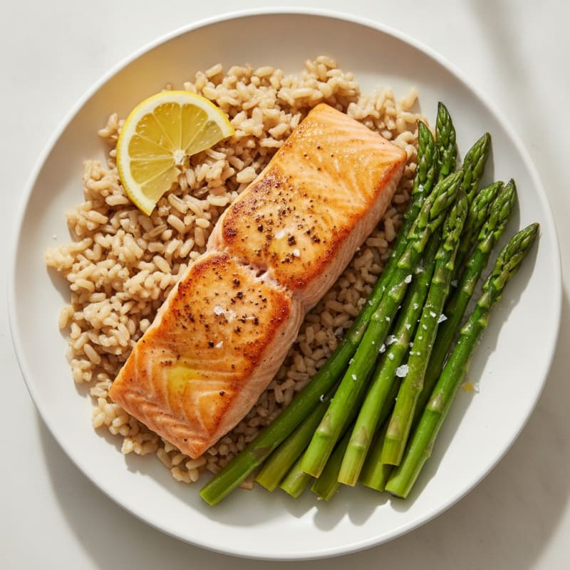 Seared Salmon with Steamed Asparagus and Brown Rice